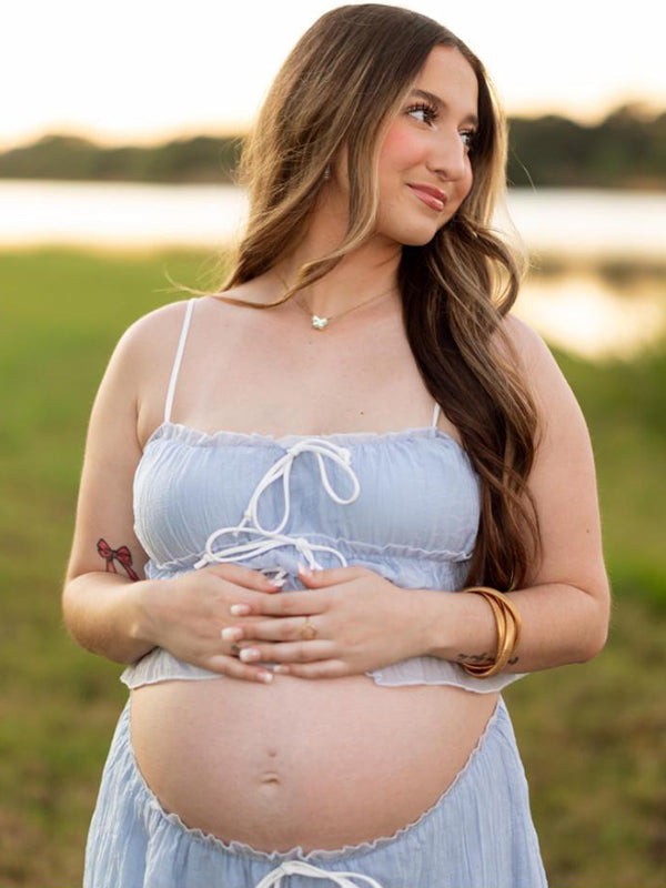 Momsmood Blue Falbala Two Piece Set Cami Ruffle Crop Top And Big Swing Maxi Dress