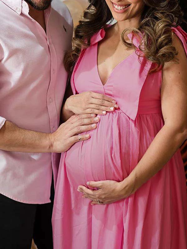 Momsmood Pink V neck Lace-up Open Back  Banquet Party Baby Shower Maternity Photoshoot Maxi Dress