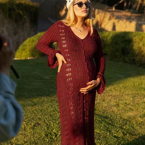 Momsmood Burgundy Buttons Cut Out Ruffle Photoshoot Maternity Maxi Sweater Dress