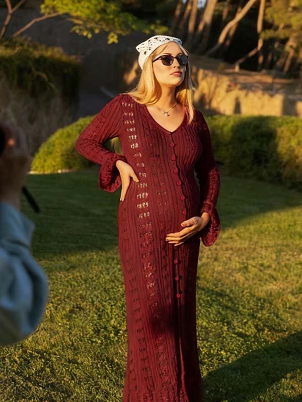 Momsmood Burgundy Buttons Cut Out Ruffle Photoshoot Maternity Maxi Sweater Dress