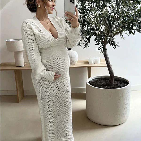 Momsmood White Crochet Knit Hollow Out Deep V-neck Lantern Sleeve Bodycon Elegant Going Out Maternity Sweater Maxi Dress