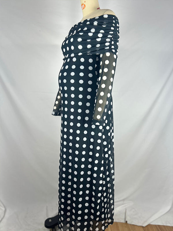 Momsmood Black And White Polka Dot Off Shoulder Ruched Bodycon Elegant Going Out Cocktail Maternity Photoshoot Maxi Dress