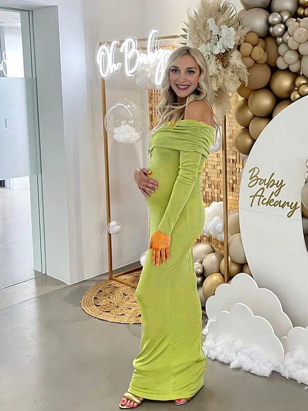 Momsmood Green Ruched Off Shoulder Bodycon Elegant Cocktail Party Gown Maternity Photoshoot Baby Shower Maxi Dress