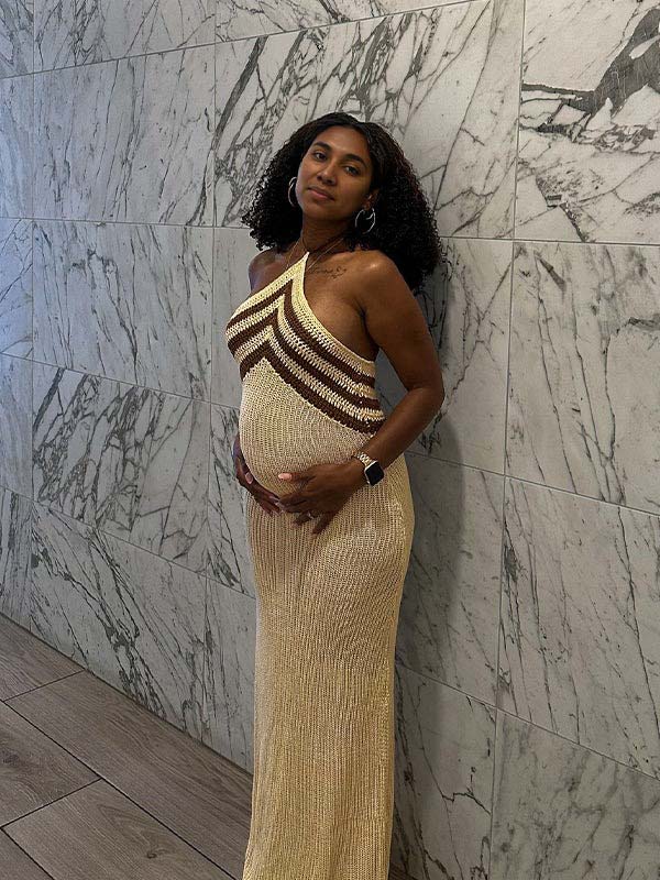 Momsmood Apricot Halter Neck Striped Bodycon Beach Vacation Maternity Photoshoot Maxi Dress