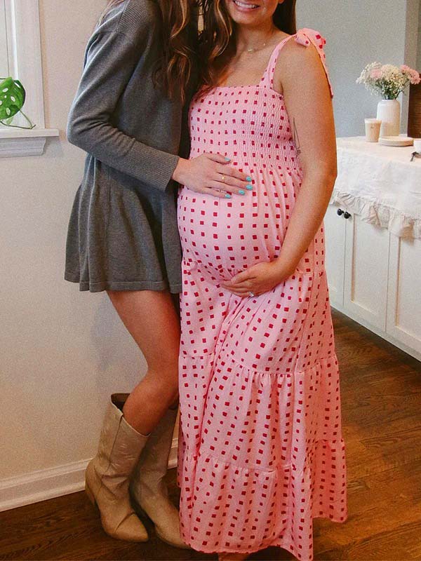 Momsmood Bow Smocked Polka Dot Flowy Gender Reveal Baby Shower Maternity Maxi Dress