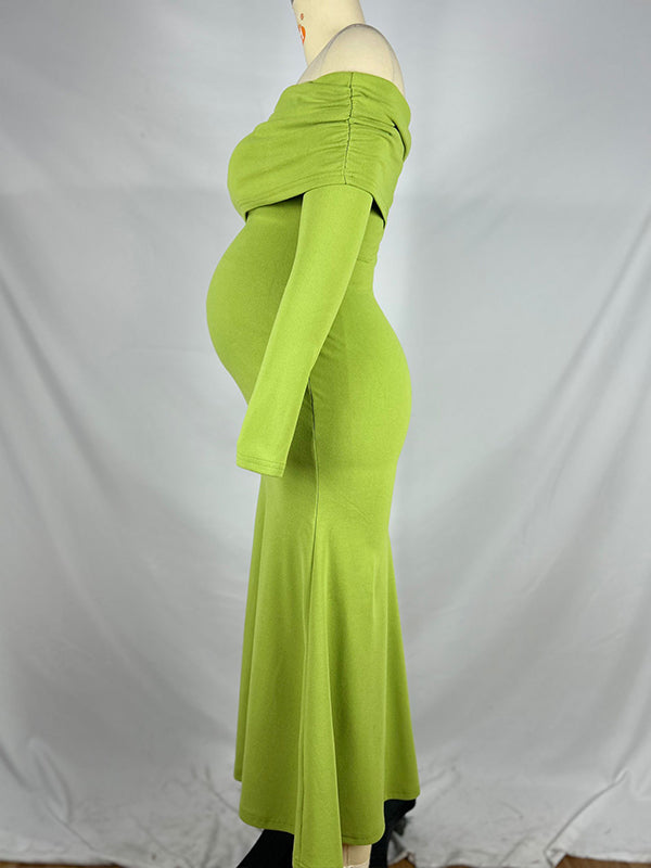 Momsmood Green Ruched Off Shoulder Bodycon Elegant Cocktail Party Gown Maternity Photoshoot Baby Shower Maxi Dress