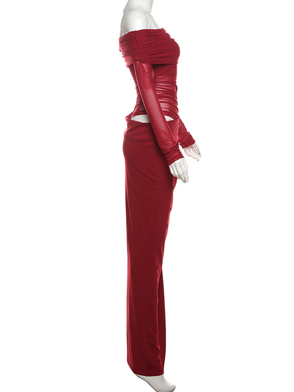 Momsmood Off Shoulder Cut Out Grenadine Splicing Sheer Ruched Baby Shower Maternity Maxi Dress