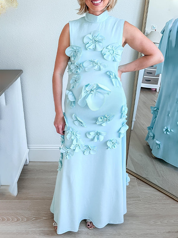 Momsmood 3D Flowers Band Neck Back Bow Photoshoot Baby Shower Maternity Maxi Dress