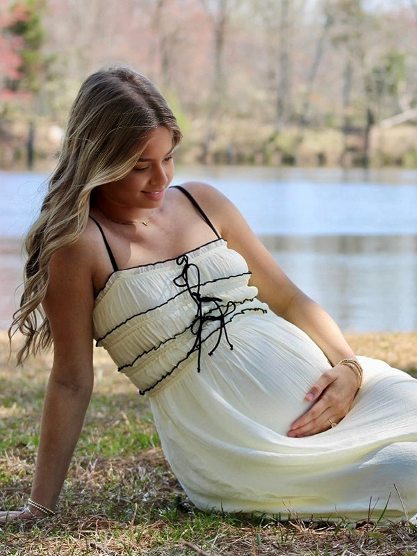 Momsmood  White lace-up Spaghetti Strap Splicing Party Vacation Party Baby Shower Maternity Photoshoot Maxi Dress