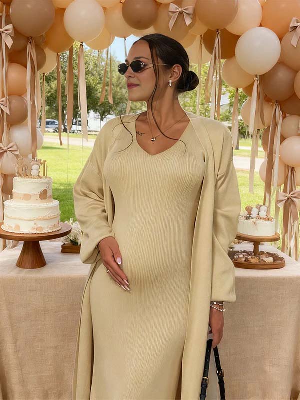 Momsmood Apricot 2 Pieces Knit Baby Shower Maternity Maxi Sweater Dress