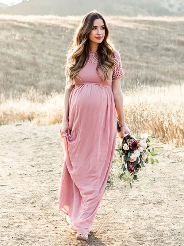Momsmood Maternity Patchwork Lace Beading Pleated Elegant Baby Shower Photoshoot Smocked Maxi Dress