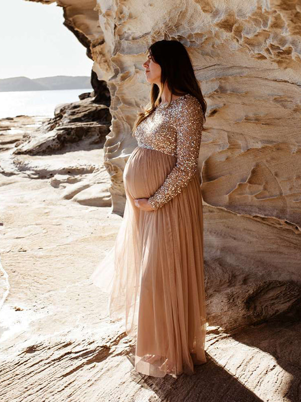 Momsmood Champion Sequin Tulle Splicing Long Sleeve Party Gown Photoshoot Maternity Baby Shower Maxi Dress