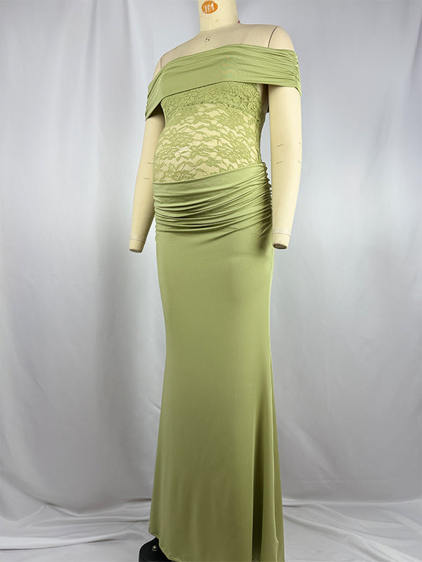 Momsmood Green Off Shoulder Lace Sheer Splicing Ruched Baby Shower Maternity Maxi Dress