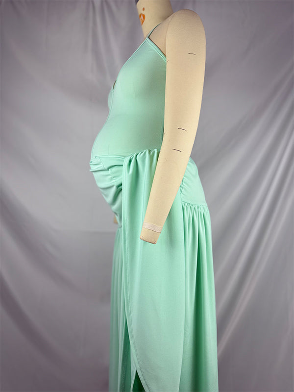 Green Side Slit Backless Bodysuit Baby Shower Maternity Maxi Dress