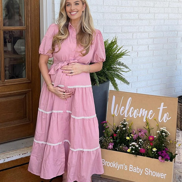 Momsmood Pink Lace-up Buttons Ruched Puff Sleeve Daily Going out Baby Shower Maternity Photoshoot Maxi Dress