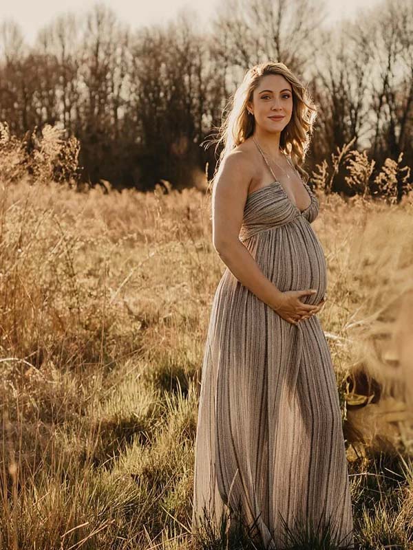 Beige Boho Halter Neck Lace-Up Backless Maternity Maxi Dress