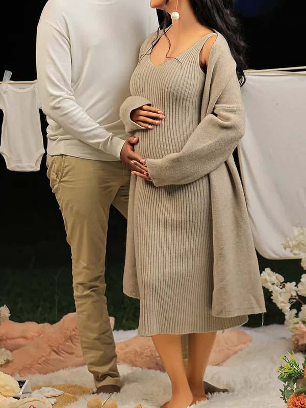 Momsmood Light Coffee Knit Tank Dress And Long Cardigan Two Piece Set Maternity Maxi Dress
