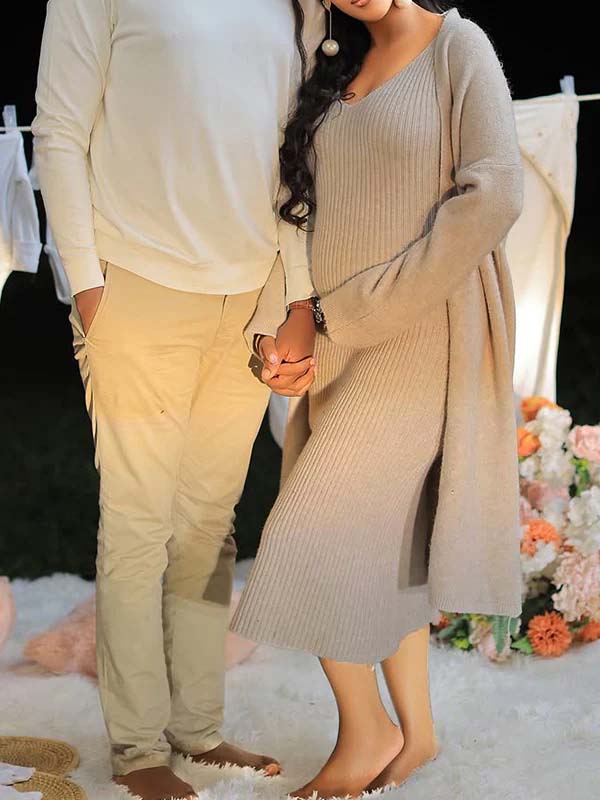 Momsmood Light Coffee Knit Tank Dress And Long Cardigan Two Piece Set Maternity Maxi Dress