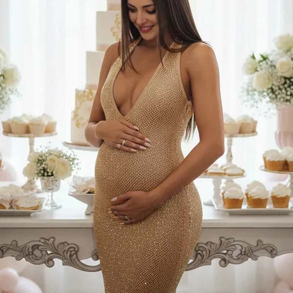 Momsmood Glitter Sequin Ruched Backless Halter Neck Bodycon Maternity Maxi Dress