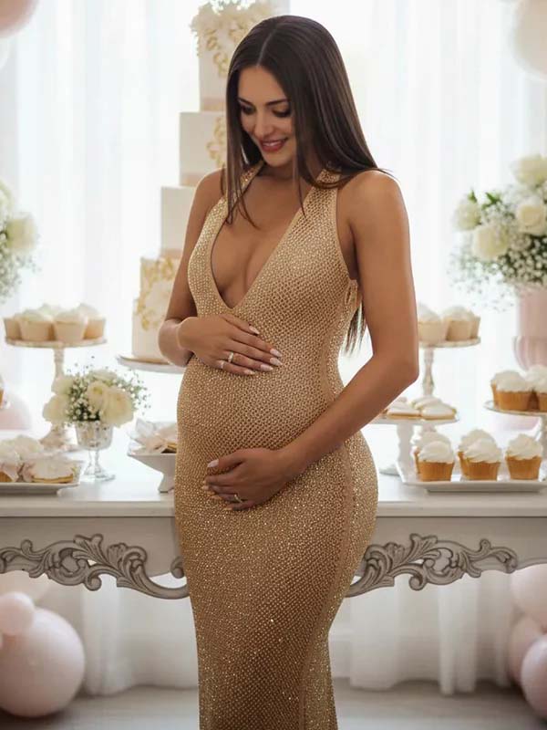 Momsmood Glitter Sequin Ruched Backless Halter Neck Bodycon Maternity Maxi Dress