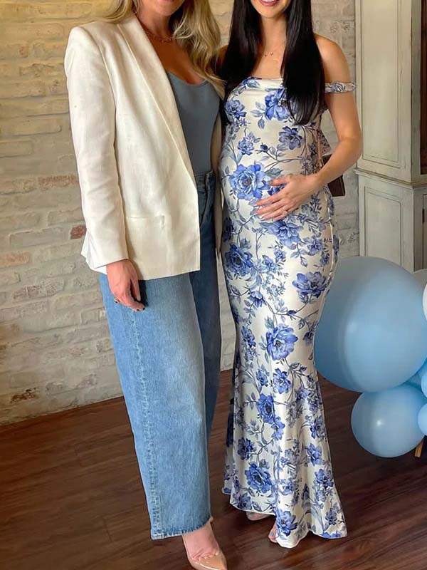 Blue Floral Off Shoulder Mermaid Maternity Baby Shower Maxi Dress