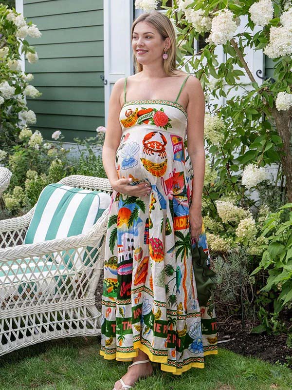 Momsmood Spaghetti Strap Stamp Duty Open Back Vacation Beach Maternity Photoshoot Maxi Dress