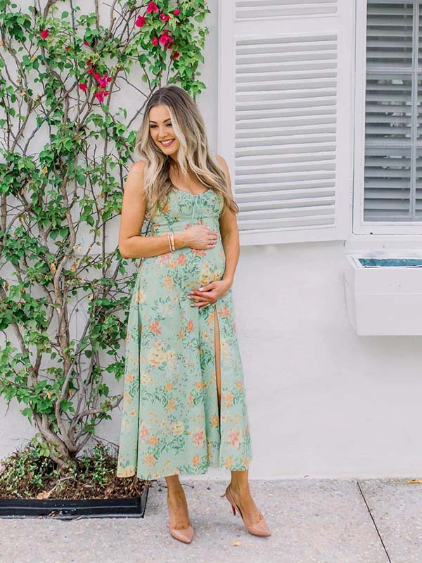 Momsmood Green Floral Side Slit Ruffle Bow Flowy Back Zipper Photoshoot Baby Shower Maternity Maxi Dress