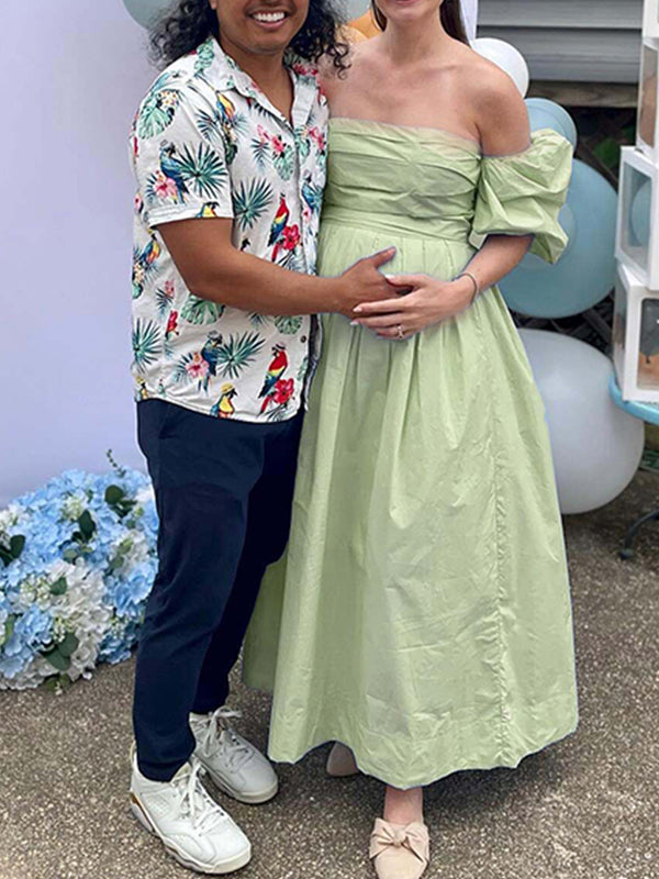 Off Shoulder Ruched Puff Sleeve Maternity Baby Shower Maxi Dress