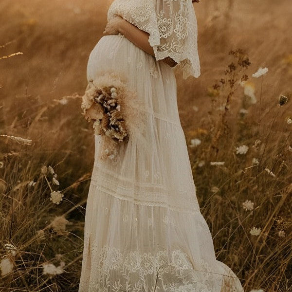 Momsmood White Off Shoulder Lace Tiered Boat Neck Flowy Elegant Maternity Photoshoot Dress