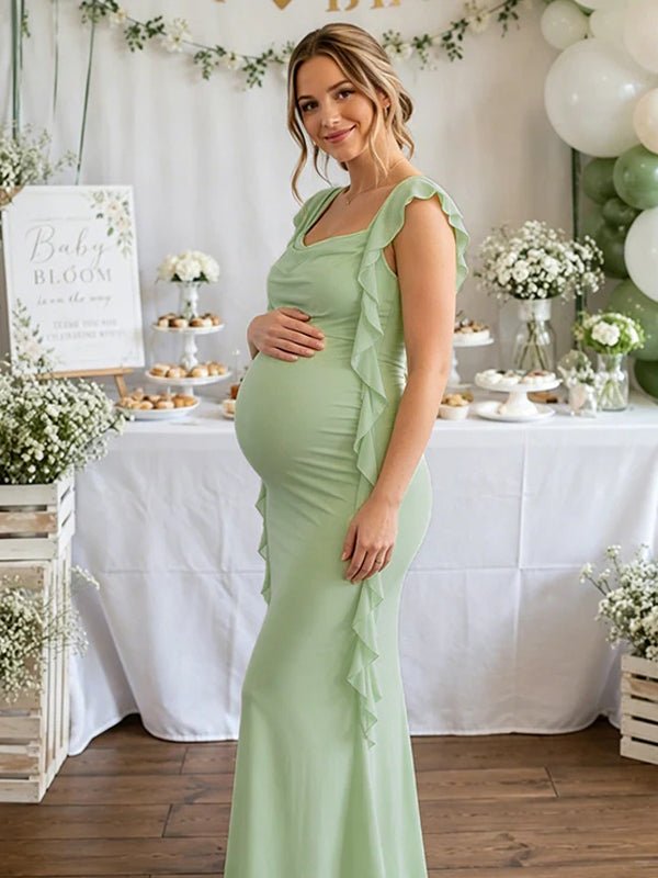 Elegant Green Backless Ruched Falbala Side Draped Maternity Maxi Dress