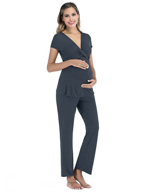 Momsmood 2 Sets Solid Color Daily Casual Going Out Soft Maternity Nursing Suits
