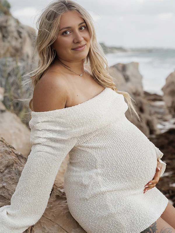 Momsmood White Solid Color Off Shoulder Knit Bodycon Beach Vacation Photoshoot Baby Shower Maternity Maxi Dres