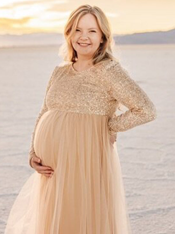 Momsmood Champion Sequin Tulle Splicing Long Sleeve Party Gown Photoshoot Maternity Baby Shower Maxi Dress
