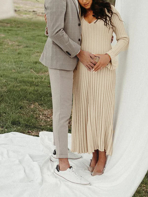 Momsmood Knit Pleated Big Swing V-neck Plus Size Sweater Elegant Going Out Maternity Photoshoot Baby Shower Maxi Dress