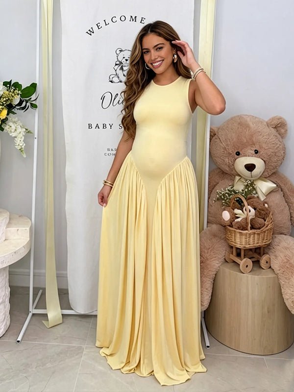 Round Neck Ruched Draped Curved drop waist Bodycon Maternity Maxi Dress