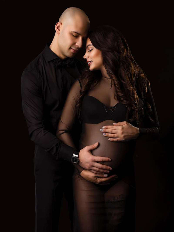 Momsmood Black Tulle Pregnancy Dress Grenadine Sheer Maternity Photoshoot Dress