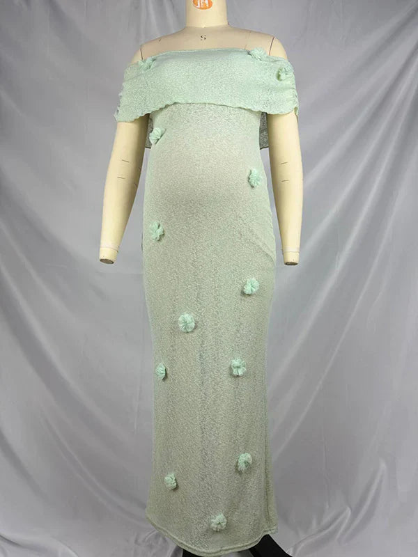 Momsmood Matcha 3D Flowers Off Shoulder Plus Size Baby Shower Maternity Maxi Dress