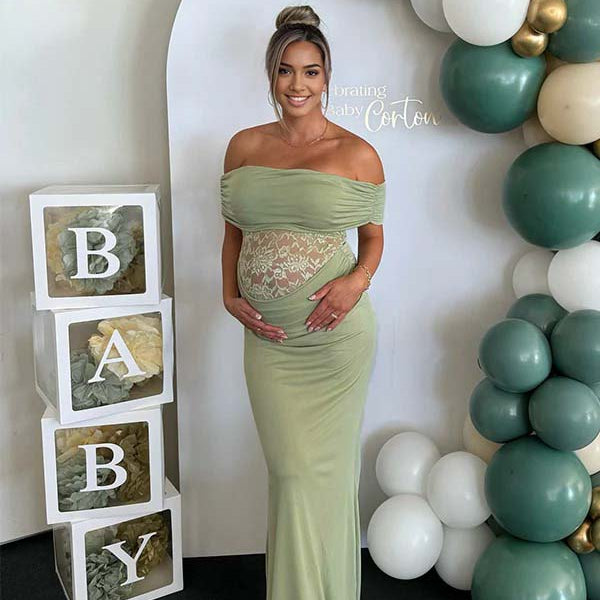 Momsmood Green Off Shoulder Lace Sheer Splicing Ruched Baby Shower Maternity Maxi Dress