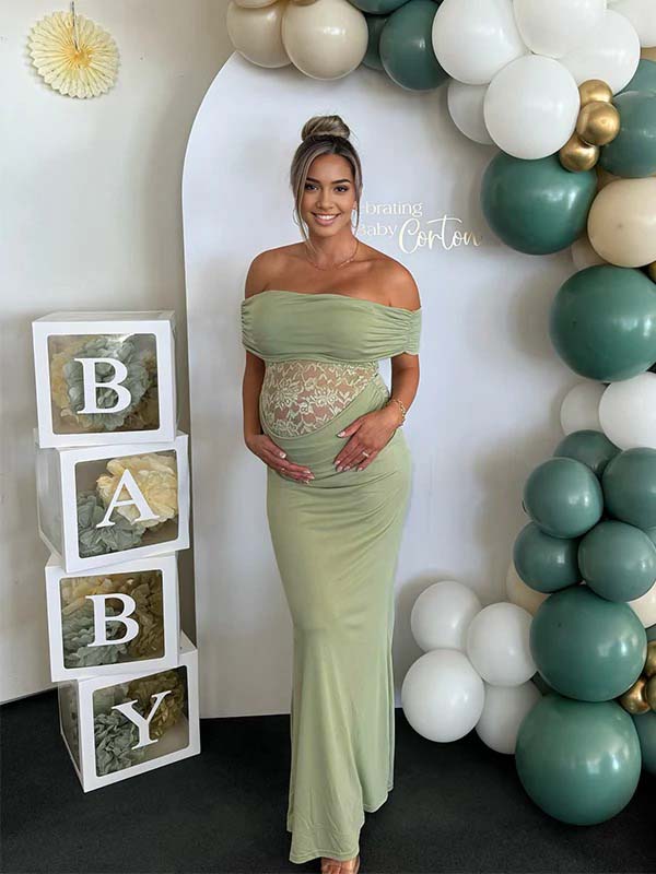 Momsmood Green Off Shoulder Lace Sheer Splicing Ruched Baby Shower Maternity Maxi Dress