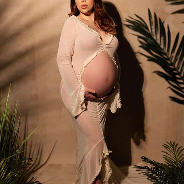Momsmood Ivory Sheer Ruffle Cut Out Crop Slit Falbala Deep V-neck Mermaid Elegant Maternity Photoshoot Maxi Dress