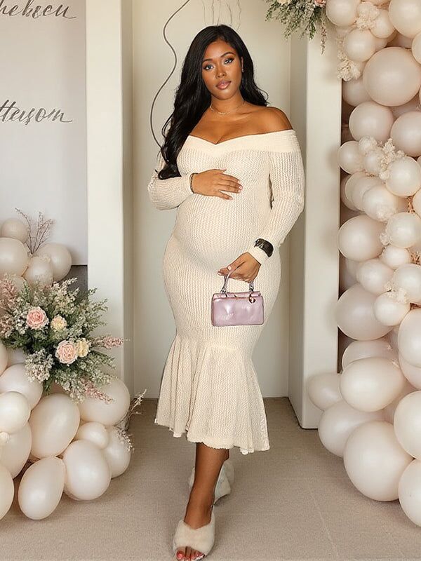 Momsmood Beige Crochet Lace Off Shoulder Ruffle Mermaid Maternity Maxi Dress