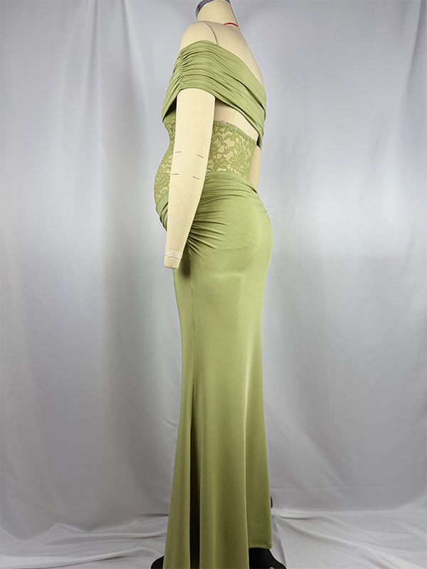 Momsmood Green Off Shoulder Lace Sheer Splicing Ruched Baby Shower Maternity Maxi Dress