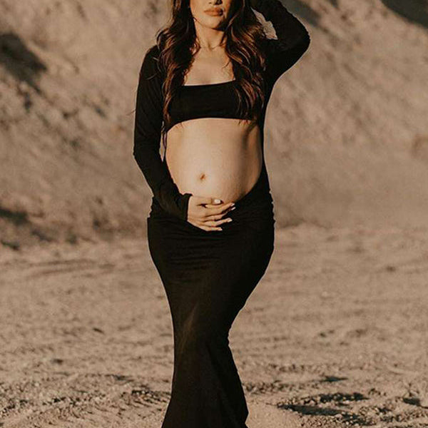 Momsmood Black Cut Out Mermaid Crop Long Sleeve Backless Bodycon Cocktail Club Party Photoshoot Maternity Maxi Dress