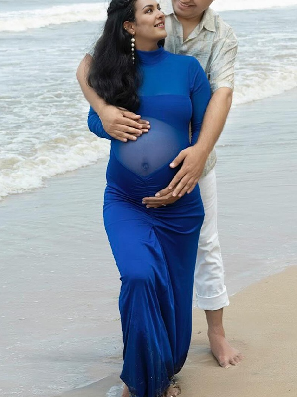 Momsmood Blue Grenadine Ruched Bodycon Banquet Ceremony Baby Shower Maternity Photoshoot Maxi Dress