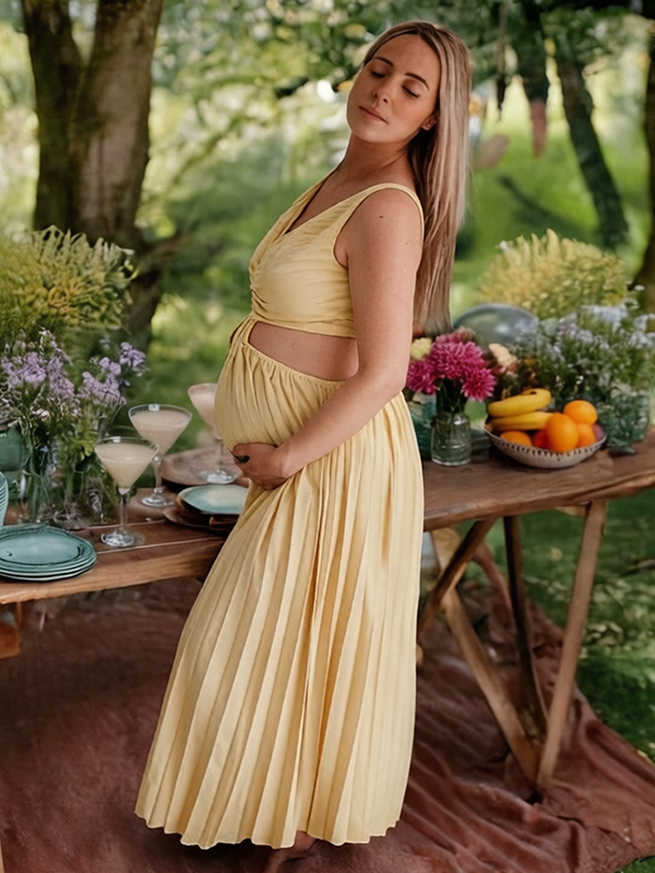 Yellow Pleated Backless Waist Cutout A-Line Maternity Maxi Dress