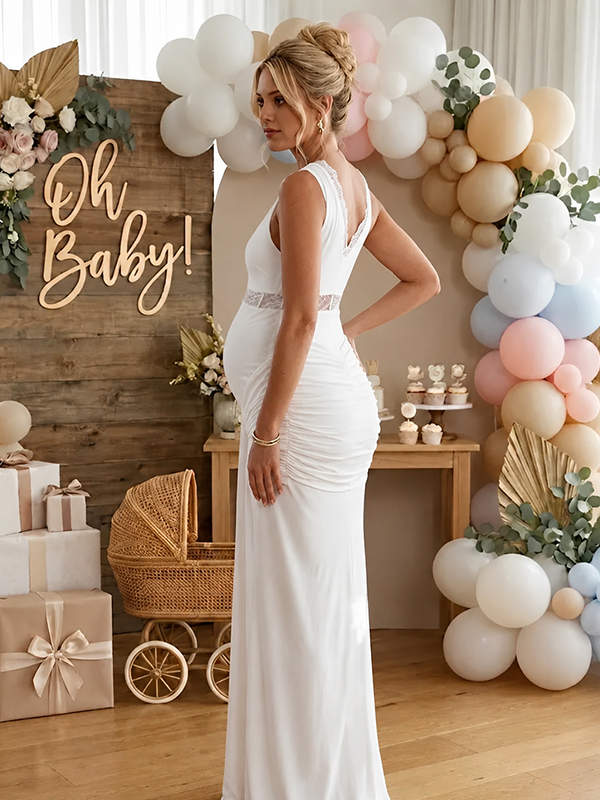 Elegant White Lace Ruched Draped Flowy Maternity Maxi Dress
