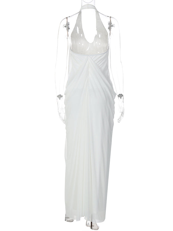White Halter Neck V-Neck Backless Ruched Mesh Maternity Maxi Dress