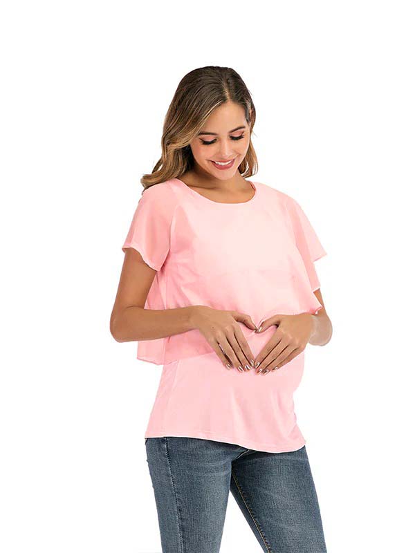 Momsmood Solid Color Chiffon Ruffle Falbala Round Neck Short Sleeve Breastfeeding T-shirt Basic Going Out Daily Maternity Nursing Top