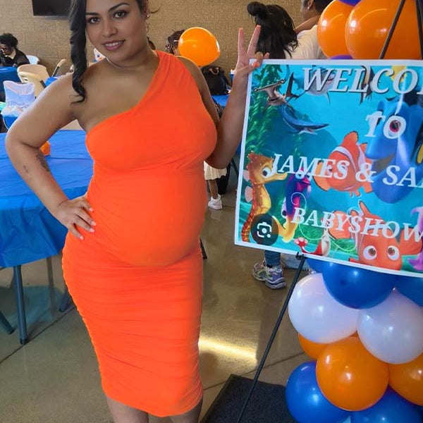 Orange Oblique Shoulder Ruched Maternity Baby Shower Midi Dress