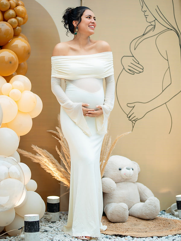 Apricot Off Shoulder Flare Sleeve Maternity Baby Shower Maxi Dress